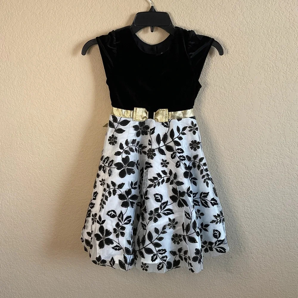 Jona Michelle Girls Black Gold Velvet‎ Floral Dress Size 6